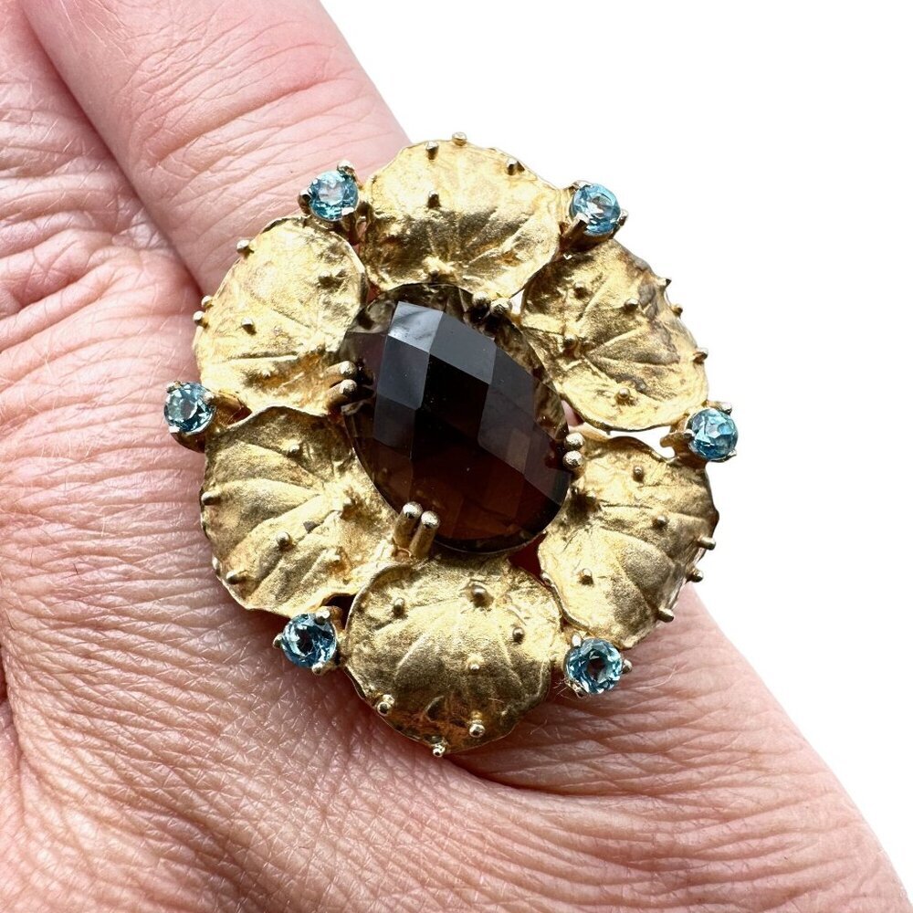 Gold-Tone Floral Ring with Smoky Center and Blue Accents